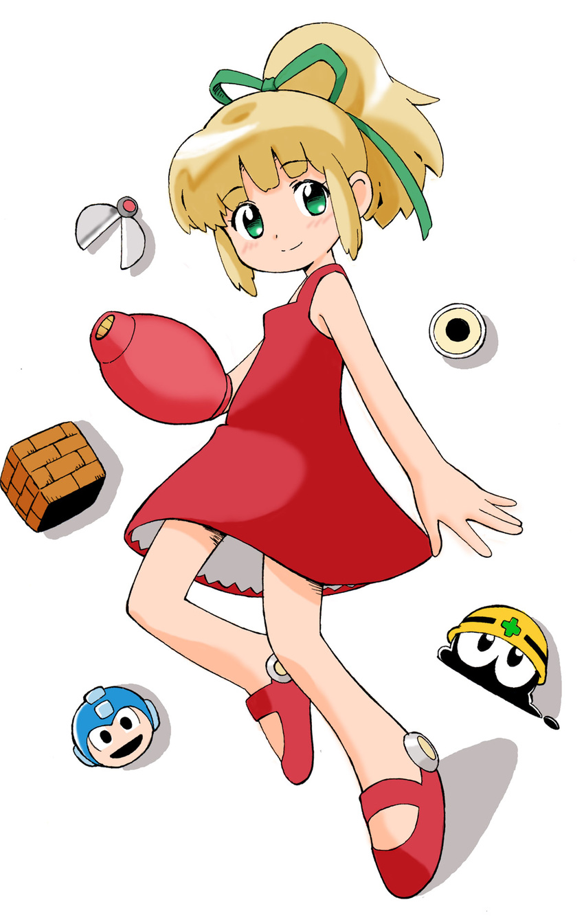 arm_cannon artist_request blonde_hair green_eyes highres metool ponytail power-up red_skirt rockman rockman_(character) roll skirt weapon