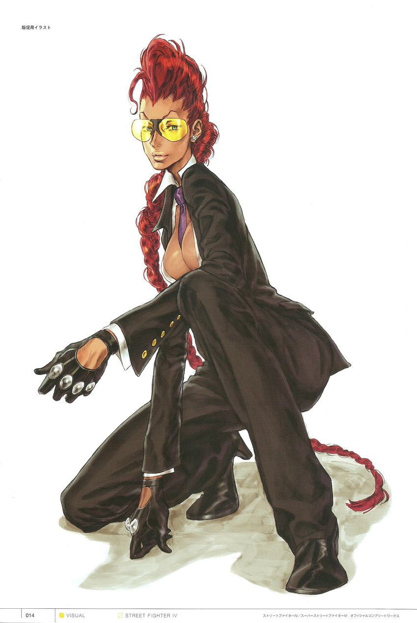 absurdres artbook between_breasts breasts cleavage crimson_viper dark_skin earrings formal glasses gloves high_heels highres jewelry kneeling large_breasts lips long_hair nishimura_kinu official_art open_clothes pant_suit pompadour red_hair scan shoes street_fighter street_fighter_iv_(series) suit sunglasses very_long_hair