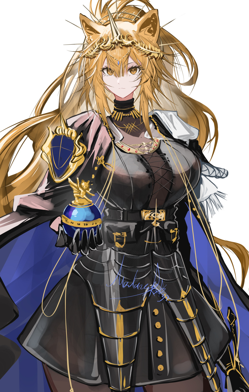 1girl absurdres animal_ears arknights armor armored_dress black_cape black_dress black_gloves blonde_hair blue_cape cape chinese_commentary commentary_request cowboy_shot dress english_commentary gloves gold hair_between_eyes hair_ornament highres holding long_hair madana_gege mixed-language_commentary siege_(arknights) signature simple_background solo standing two-sided_cape two-sided_fabric vina_victoria_(arknights) watermark white_background yellow_eyes