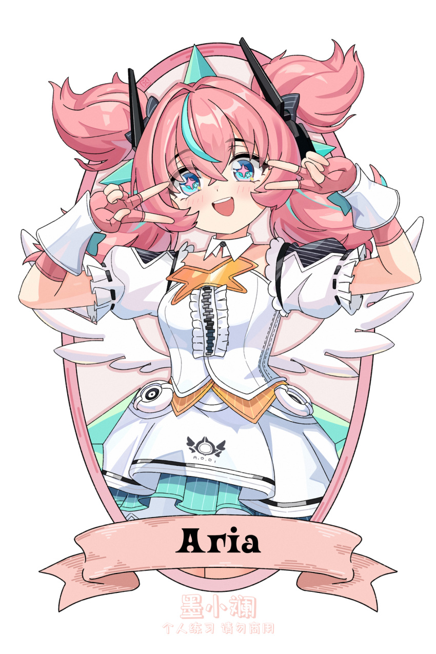 1girl :d aria_(human)_(zenless_zone_zero) aria_(zenless_zone_zero) blue_eyes breasts chinese_commentary commentary_request double_v dress fingerless_gloves gloves highres looking_at_viewer mo_xiaolan open_mouth pink_gloves pink_hair short_sleeves smile solo v v_over_eye white_dress zenless_zone_zero