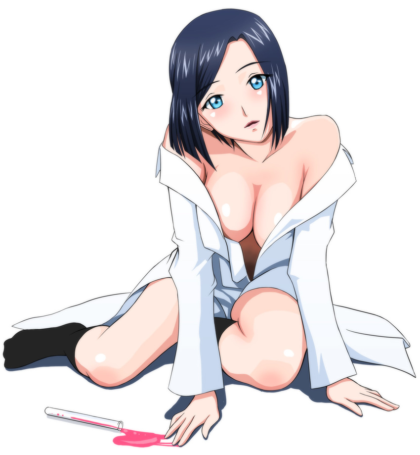 bare_shoulders blue_eyes blue_hair breasts cleavage head_tilt highres kooriyama_aki labcoat large_breasts lips off_shoulder shopyun short_hair solo test_tube tokimeki_memorial tokimeki_memorial_4