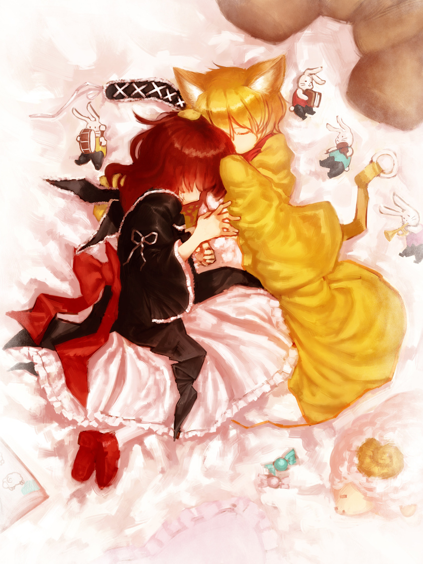 1girl animal_ears bed blonde_hair bow bunny bunny_ears child closed_eyes couple cuddling dress drum formal frills hair_ornament hairband hetero highres hug instrument lain lolita_fashion long_sleeves lying pillow red_hair ribbon sakutarou scarf short_hair sleeping stuffed_animal stuffed_bunny stuffed_toy toy trumpet umineko_no_naku_koro_ni ushiromiya_maria violin