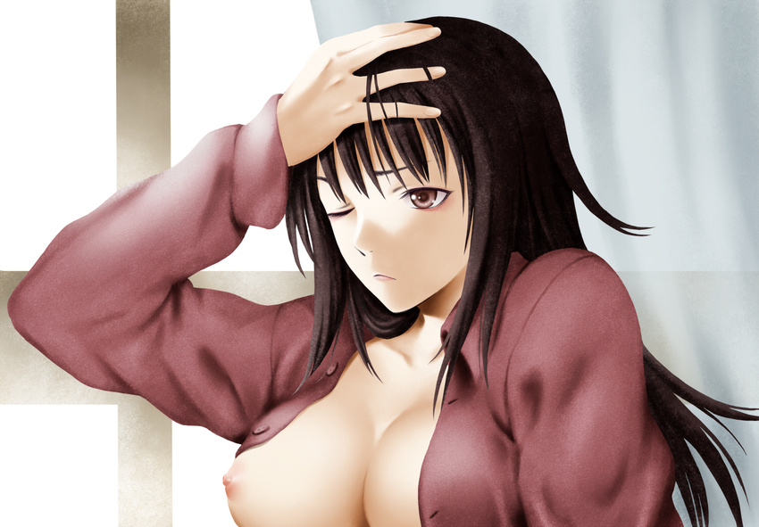 breast_slip breasts brown_eyes brown_hair curtains hand_on_own_head hangover large_breasts long_hair morning nipples old-one one_breast_out one_eye_closed open_clothes open_shirt original shirt solo upper_body window