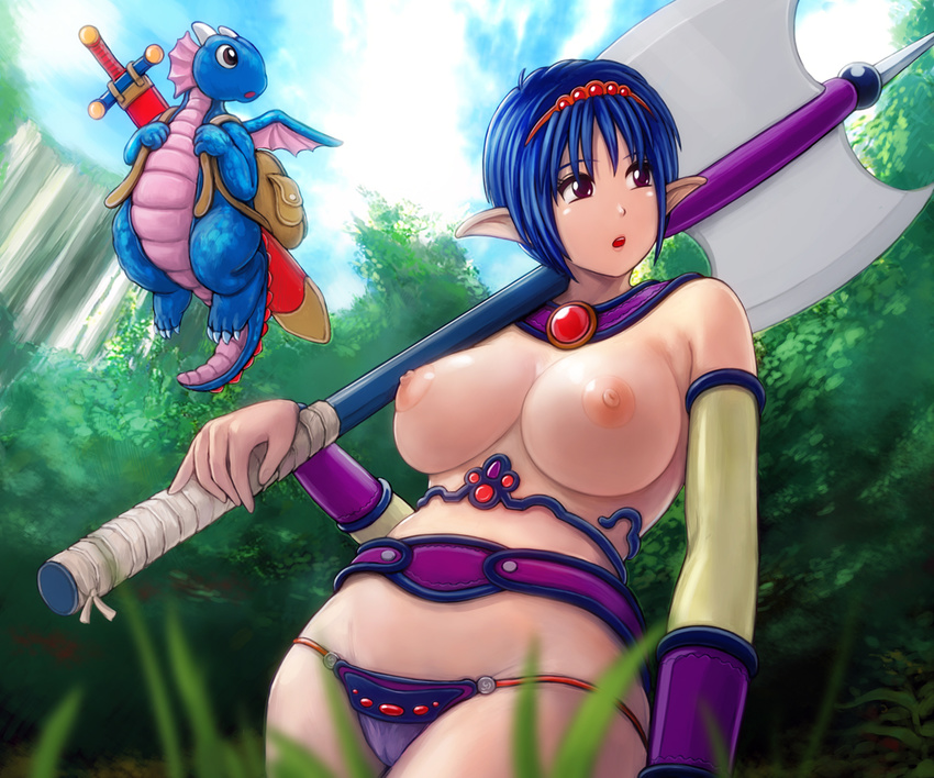 areolae axe bag blue_hair borurun breasts cameltoe cloud day detached_sleeves dragon elf fantasy groin hairband large_breasts looking_back nipples open_mouth original panties pointy_ears purple_eyes sheath sheathed short_hair sky solo sword underwear weapon