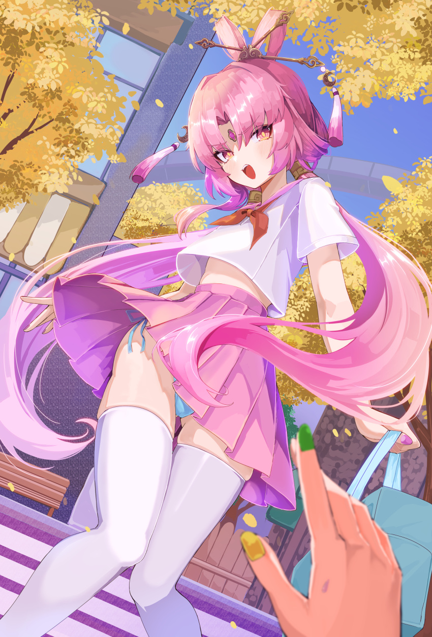2girls absurdres aqua_panties bag blue_sky commentary_request excella_(delltothu) feixianji_(hairstyle) forehead_jewel fu_xuan_(honkai:_star_rail) hair_ornament hair_rings hair_stick highres holding holding_bag honkai:_star_rail honkai_(series) long_hair multiple_girls neckerchief orange_eyes panties pink_hair pink_skirt pov pov_hands red_neckerchief school_bag school_uniform serafuku skirt sky thighhighs thighs underwear very_long_hair white_serafuku white_thighhighs wind wind_lift