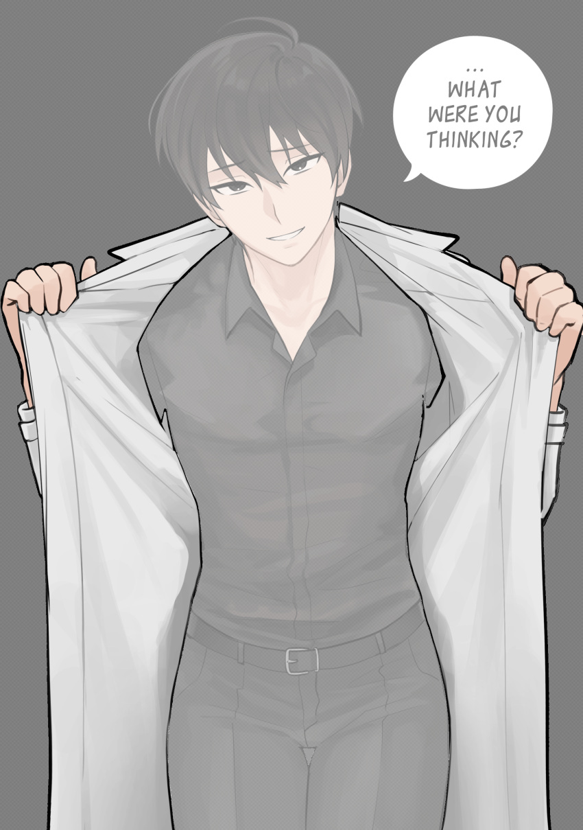 1boy absurdres black_hair black_shirt coat collared_shirt grin head_tilt highres kim_dokja looking_at_viewer male_focus meme omniscient_reader's_viewpoint open_clothes open_coat popped_collar shirt short_hair smile solo taotaille tap_me_(meme) thigh_gap thumbnail_surprise white_coat