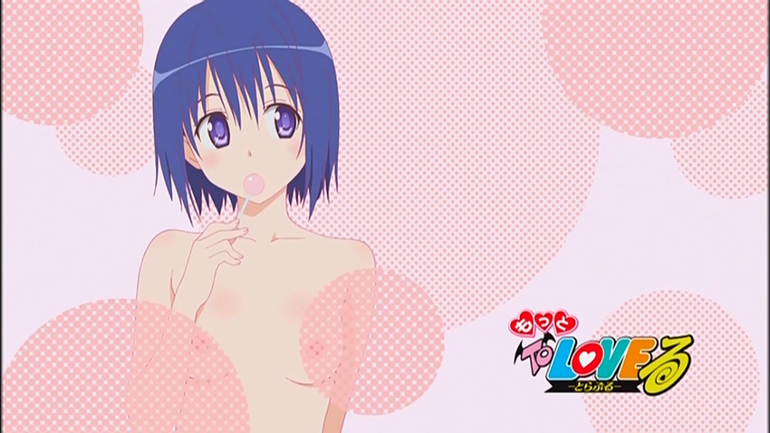 areolae bangs blue_hair blush body_blush breasts candy copyright_name eyecatch food hair_down halftone holding logo lollipop looking_to_the_side nude purple_eyes sairenji_haruna screencap short_hair small_breasts solo to_love-ru uncensored upper_body