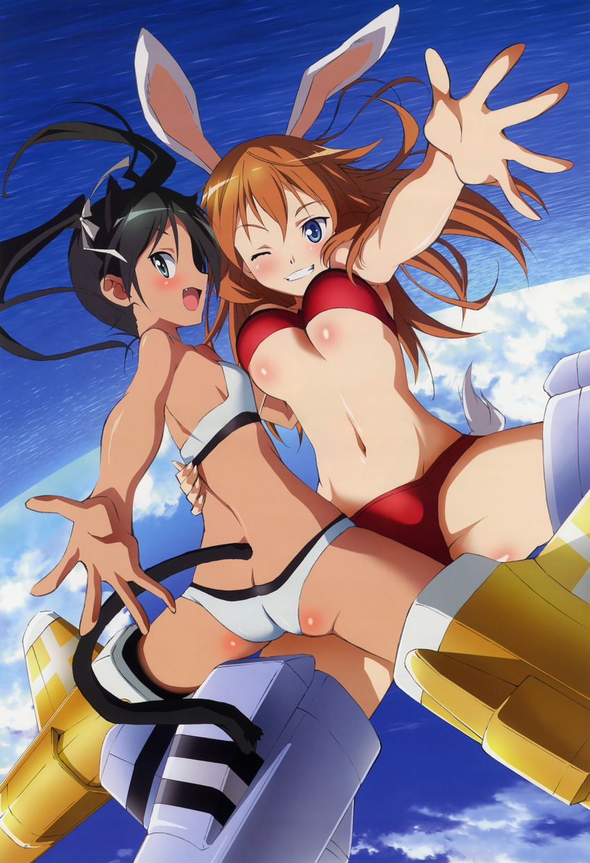 absurdres animal_ears ass bikini black_hair blue_eyes breasts brown_hair bunny_ears charlotte_e_yeager cloud day fang francesca_lucchini fujimoto_satoru highres large_breasts long_hair medium_breasts multiple_girls non-web_source nyantype ocean one_eye_closed open_mouth outdoors red_bikini sky small_breasts strike_witches striker_unit swimsuit tail twintails underboob water white_bikini world_witches_series