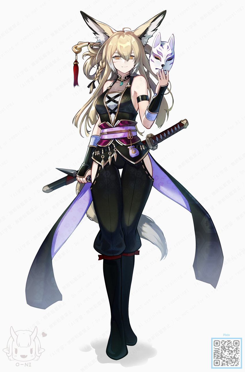 1girl absurdres ahoge alternate_costume animal_ears arknights bare_shoulders black_boots black_pants black_ribbon blonde_hair bluedok_(o-ni) boots braid closed_mouth clothing_cutout commentary_request english_commentary fox_ears fox_girl fox_tail full_body grey_background hair_between_eyes hair_ribbon highres hip_vent holding holding_weapon katana knee_boots korean_commentary kunai long_hair mask mixed-language_commentary ninja pants qr_code ribbon seigaiha sheath sheathed simple_background sleeveless solo standing sword tail thigh_gap unworn_mask vulpisfoglia_(arknights) watermark watermark_grid weapon