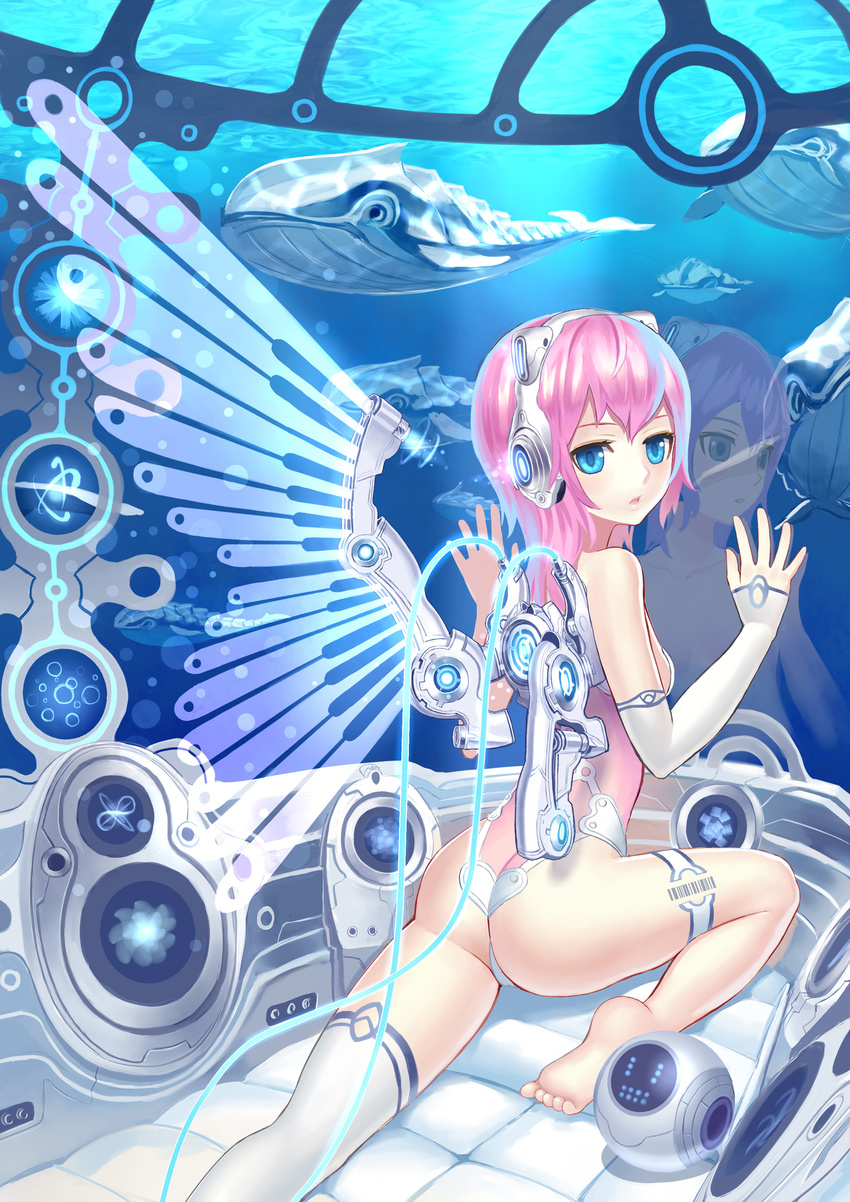 absurdres android ass barefoot blue_eyes detached_sleeves highres k+ legs original pink_hair reflection short_hair solo thighhighs underwater water whale wings