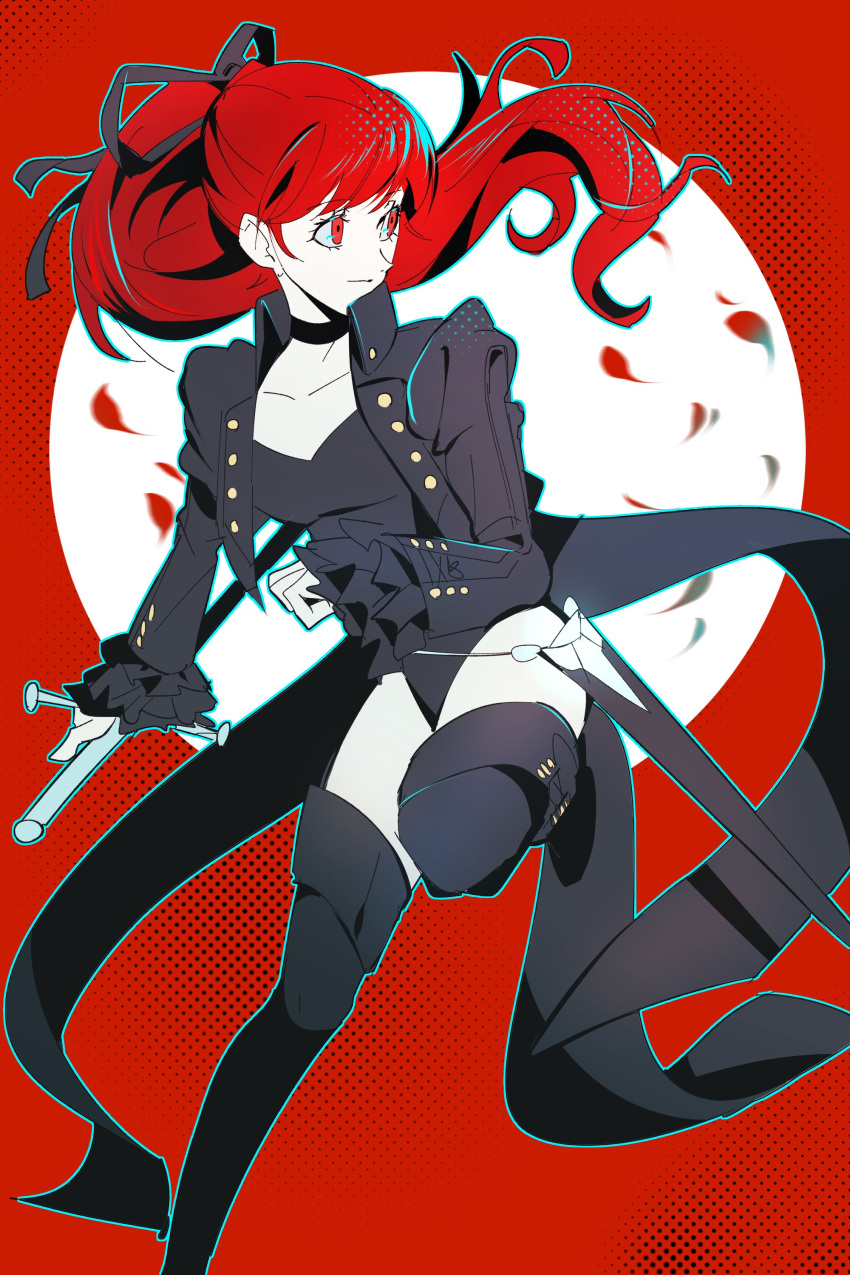 1girl absurdres black_leotard black_ribbon black_tailcoat black_thighhighs collarbone commentary full_body hair_ribbon high_ponytail highres holding holding_sword holding_weapon im_human_maybe leotard long_hair looking_to_the_side persona persona_5 persona_5_the_royal ponytail red_background red_eyes red_hair ribbon sheath solo sword thighhighs violet_(persona_5) weapon yoshizawa_kasumi
