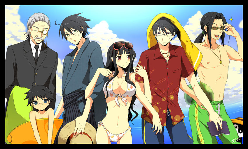 5boys ahoge arm_grab bangs beach bikini bird black_hair blue_eyes blunt_bangs book breasts butler cameltoe child cleavage cloud day eyewear_on_head facial_hair family formal front-tie_top glasses green_eyes grey_hair groin hakama hat hat_removed headwear_removed height_difference itoshiki_kei itoshiki_majiru itoshiki_mikoto itoshiki_nozomu itoshiki_rin japanese_clothes kimono long_hair medium_breasts milcho monocle multiple_boys mustache one_eye_closed outdoors penguin ponytail purple_eyes sayonara_zetsubou_sensei short_hair siblings side-tie_bikini sky straw_hat suit sunglasses surfboard swimsuit tokita_(szs) towel towel_on_head water wavy_hair