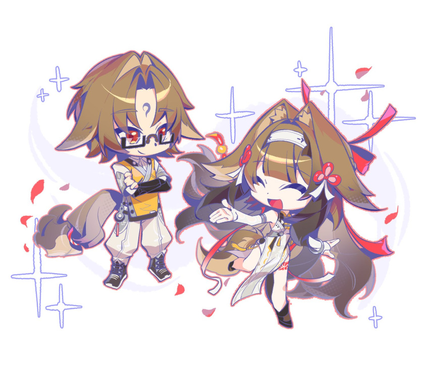 1boy 1girl animal_ear_fluff animal_ears armlet bare_shoulders bracelet brother_and_sister brown_hair brown_tail china_dress chinese_clothes closed_eyes closed_mouth clover clover_hair_ornament commentary_request crossed_arms dress droopy_ears facial_mark fluffy_tail forehead_mark glasses hair_ornament hairband highres jewelry leg_tattoo long_hair looking_at_another open_mouth pelvic_curtain red_eyes siblings silver_armlet silver_bracelet sparkle tattoo very_long_hair white_background white_dress white_hairband wifi12341234 ye_shiyuan ye_shunguang zenless_zone_zero