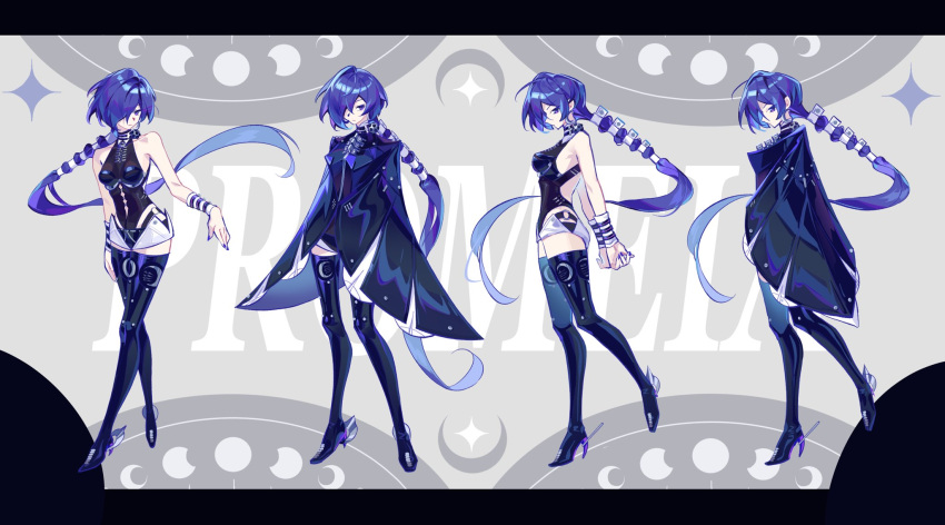 1girl arms_behind_back bare_shoulders black_shorts blue_boots blue_cloak boots bound bound_wrists breasts character_name cloak closed_mouth commentary_request crescent crescent_earrings earrings floating_hair grey_background hair_over_one_eye highres jewelry letterboxed long_hair medium_breasts multiple_views promeia_(zenless_zone_zero) purple_eyes purple_nails shorts thigh_boots two-tone_shorts very_long_hair white_shorts wifi12341234 zenless_zone_zero
