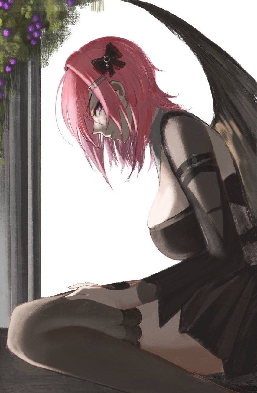 1girl black_bow black_dress black_shrug black_thighhighs black_wings bow breasts commentary dress hair_bow highres looking_at_viewer lying medium_breasts medium_hair on_side pink_hair purple_eyes remielle_dan s7nsles shrug_(clothing) solo thighhighs thighs wings zenless_zone_zero