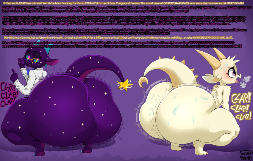absurd_res ambiguous_gender anthro big_butt butt chikn_nuggit dialogue dragon duo eyewear fwench_fwy_(chikn_nuggit) glasses hi_res huge_butt male male/male mythological_creature mythological_scalie mythology scalie simple_background skunk_bunk smug text thick_thighs tired twerking watermark