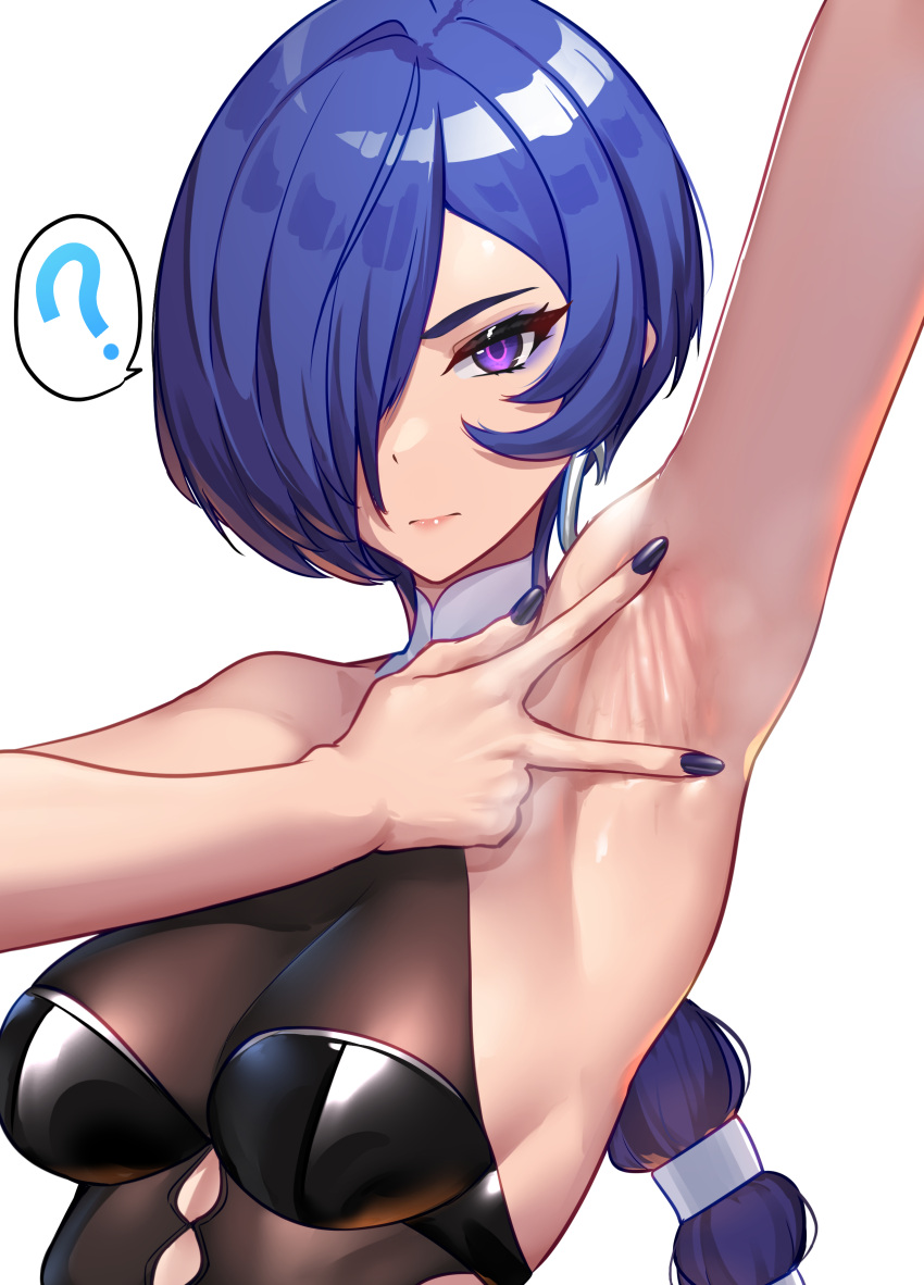 1girl ? absurdres arm_up armpit_crease armpit_focus armpits breasts closed_mouth commentary_request crescent crescent_earrings earrings hair_over_one_eye highres jewelry long_hair looking_at_viewer nicchi presenting_own_armpit promeia_(zenless_zone_zero) purple_eyes purple_hair purple_nails simple_background solo speech_bubble spoken_question_mark white_background zenless_zone_zero