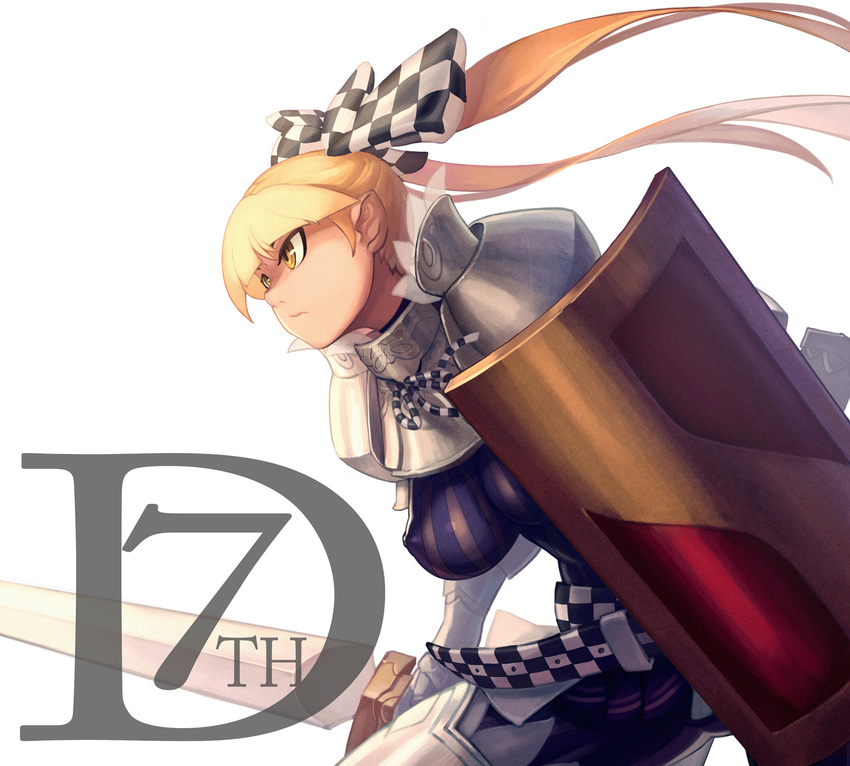 7th_dragon 7th_dragon_(series) armor berich_(7th_dragon) blonde_hair bow breasts checkered covered_nipples hair_bow highres kinggainer knight_(7th_dragon) large_breasts long_hair ponytail shield solo sword weapon yellow_eyes