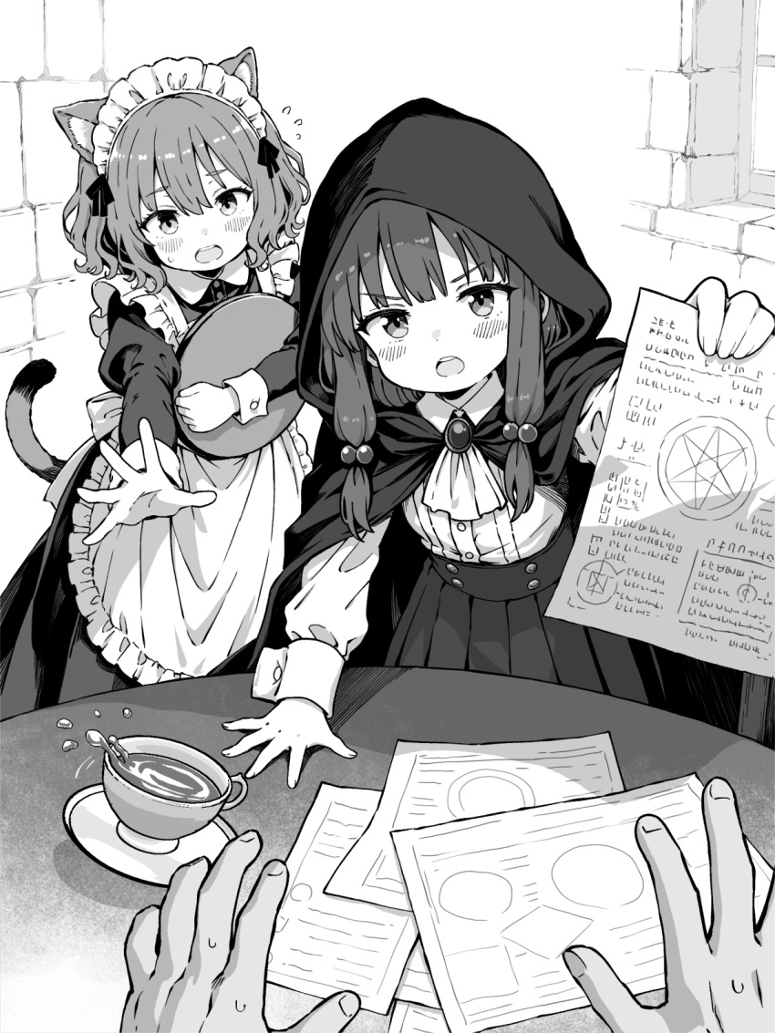 2girls animal_ears cat_ears cat_girl cat_tail cloak commentary_request cup dress greyscale hair_bobbles hair_ornament highres holding holding_paper hood hood_up hooded_cloak indoors long_hair long_sleeves looking_at_viewer maid maid_headdress monochrome multiple_girls open_mouth original paper pleated_skirt pov pov_hands saucer shirt_tucked_in short_hair skirt table tail teacup yuuji_overall