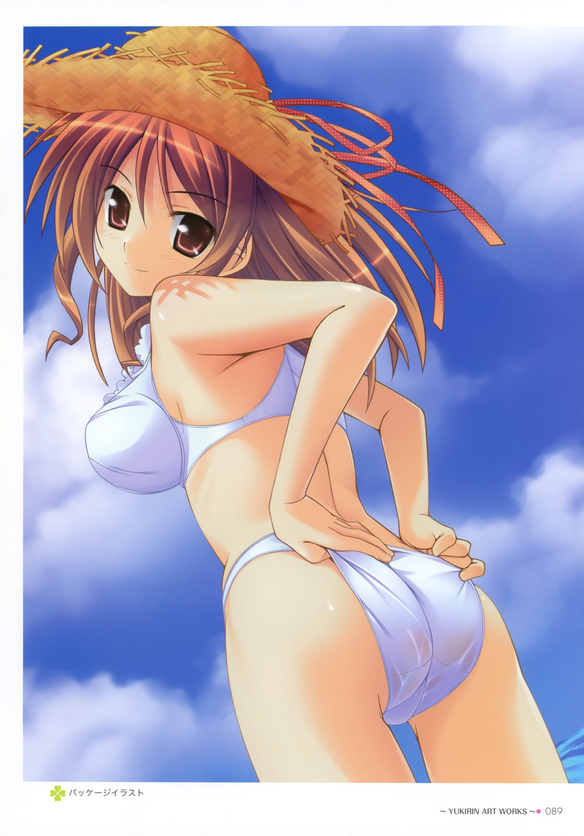 absurdres adjusting_clothes adjusting_swimsuit ass bikini brown_hair copyright_request hat highres long_hair looking_back red_eyes solo straw_hat swimsuit yukirin