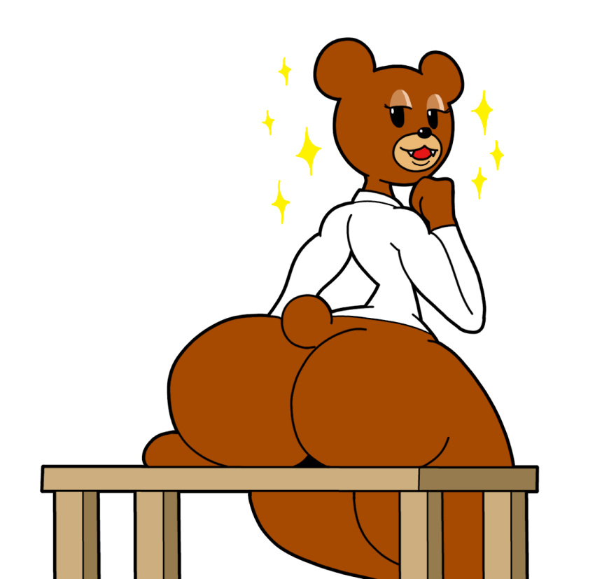 alpha_channel anthro big_butt butt clothing coat cute_fangs doctor_leonardo eagle_talon eyelashes hand_on_table lab_coat looking_at_viewer male mammal murontis2001 reonarudohakase simple_background sitting_on_table small_waist solo sparkles thick_thighs topwear transparent_background ursid
