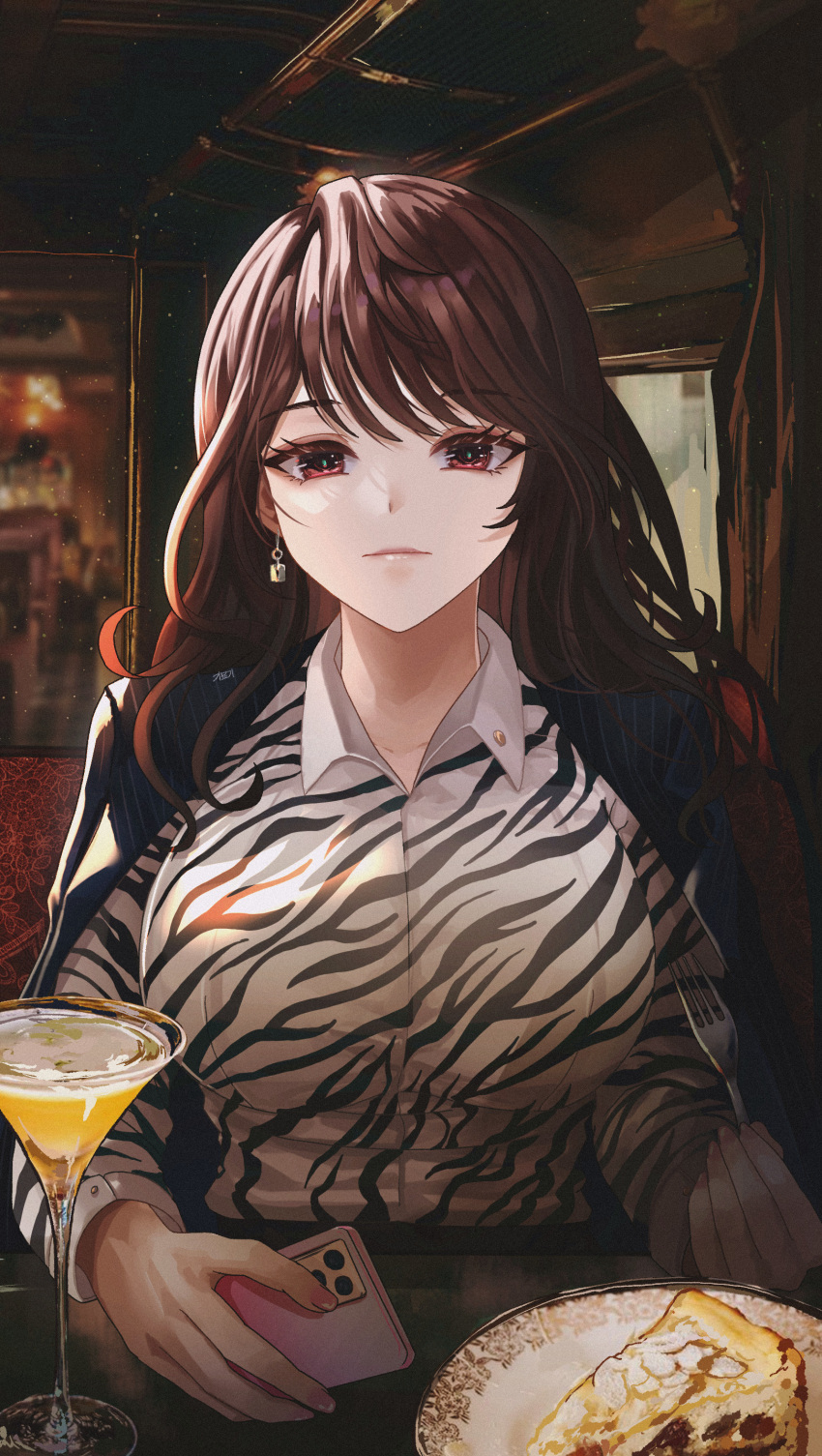 1girl absurdres animal_print bangs black_jacket breasts brown_eyes brown_hair cake cake_slice cellphone closed_mouth cocktail cocktail_glass collarbone collared_shirt commentary cup drinking_glass earrings english_commentary fingernails food fork gmg highres holding holding_fork holding_phone jacket jacket_on_shoulders jewelry large_breasts light_particles light_smile lips long_hair long_sleeves looking_at_viewer nail_polish original phone pink_nails pinstripe_jacket pinstripe_pattern plate shirt shirt_tucked_in sitting smartphone solo striped swept_bangs two-tone_shirt upper_body wavy_hair white_shirt wing_collar zebra_print