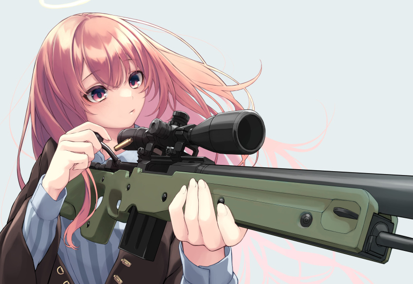 1girl absurdres arknights brown_jacket cartridge closed_mouth gun highres holding holding_gun holding_weapon jacket lemuen_(arknights) long_hair long_sleeves nameko_houshi open_clothes open_jacket pink_eyes pink_hair rifle shirt simple_background sniper_rifle solo striped striped_shirt vertical-striped_shirt vertical_stripes weapon white_background white_shirt