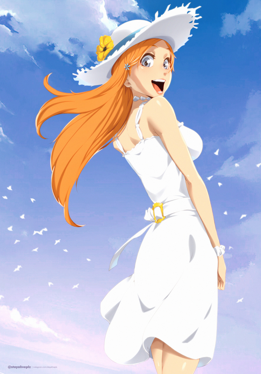 :d absurdres bleach blue_sky breasts day dress flower grey_eyes hair_ornament hairpin hat hat_flower highres inoue_orihime instagram_username large_breasts long_hair looking_at_viewer looking_back orange_hair outdoors sky smile stayaliveplz sun_hat twitter_username white_dress white_headwear white_wristband