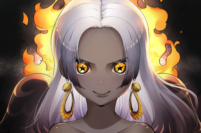 1girl absurdres bangs bare_shoulders black_wings boa_hancock boa_hancock_(seraphim) collarbone dark_skin earrings fire grey_hair highres jewelry long_hair mikamiruka_0728 one_piece parted_bangs seraphim_(one_piece) smile snake_earrings solo star-shaped_pupils star_(symbol) symbol-shaped_pupils wings yellow_eyes