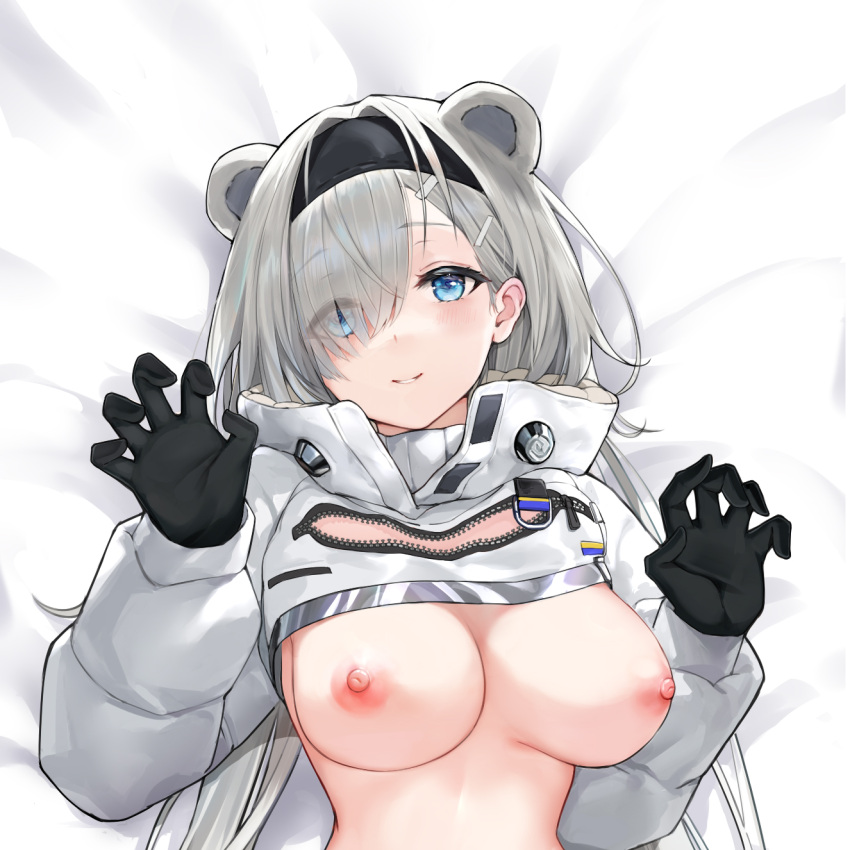 1girl animal_ears arknights aurora_(arknights) bear_ears black_gloves blue_eyes blush breasts breasts_out but claw_pose dakimakura_(medium) eyes_visible_through_hair gloves grey_hair hair_ornament hair_over_one_eye hairclip highres large_breasts long_hair long_sleeves looking_at_viewer nipples parted_lips shrug_(clothing) smile solo unzipped upper_body very_long_hair zipper