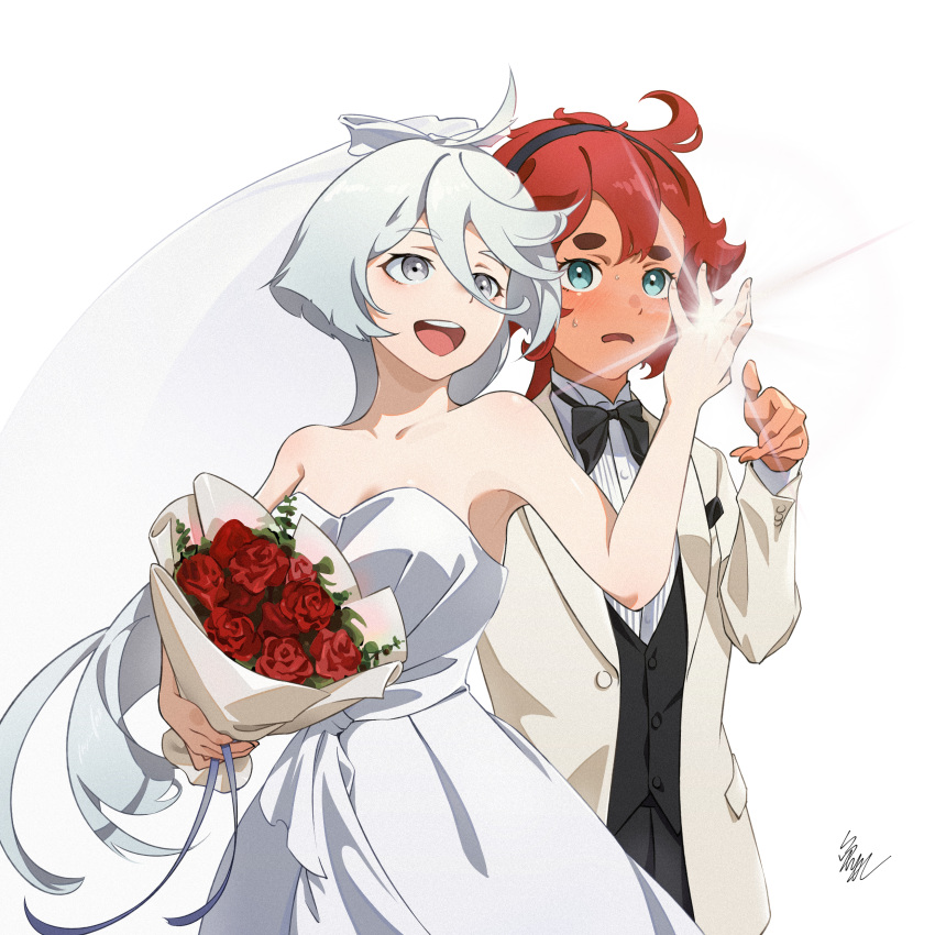 2girls absurdres ahoge armpits bare_shoulders blush bouquet bow bowtie collarbone crossdressing dress flower frown green_eyes grey_eyes gundam gundam_suisei_no_majo hair_ribbon hairband highres holding holding_bouquet hsu1231 jewelry long_hair miorine_rembran multiple_girls open_mouth ponytail red_hair ribbon ring shiny simple_background sleeveless sleeveless_dress smile suletta_mercury sweatdrop teeth thick_eyebrows tuxedo upper_teeth wedding wedding_dress wedding_ring white_dress white_hair wife_and_wife yuri