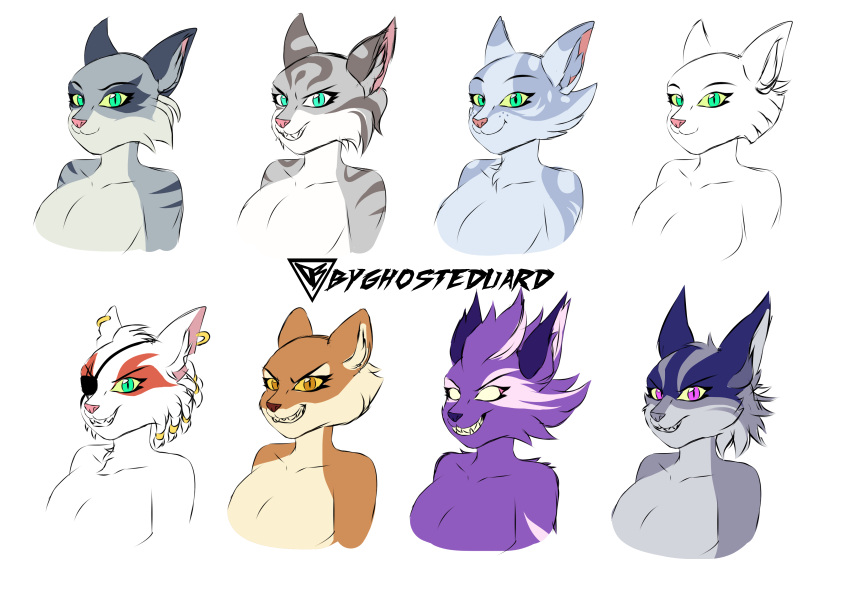 absurd_res anthro asuri_(brawlhalla) brawlhalla breasts byghosteduard cute_expression eye_patch eyewear felid feline female fur green_eyes grey_body group hi_res lion mammal pantherine simple_background smile