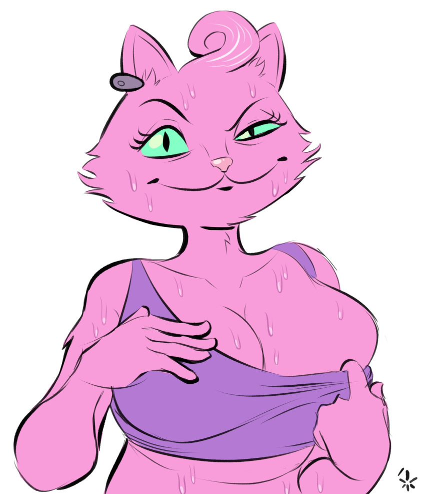 2022 anthro big_breasts bodily_fluids bojack_horseman breasts cleavage clothed clothing clothing_pull crop_top domestic_cat earpiece felid feline felis female front_view fur green_eyes half-length_portrait hand_on_breast hi_res looking_at_viewer mammal netflix pink_body pink_fur portrait princess_carolyn shirt shirt_pull smile solo steeckykees sweat sweaty_breasts sweaty_face topwear topwear_pull