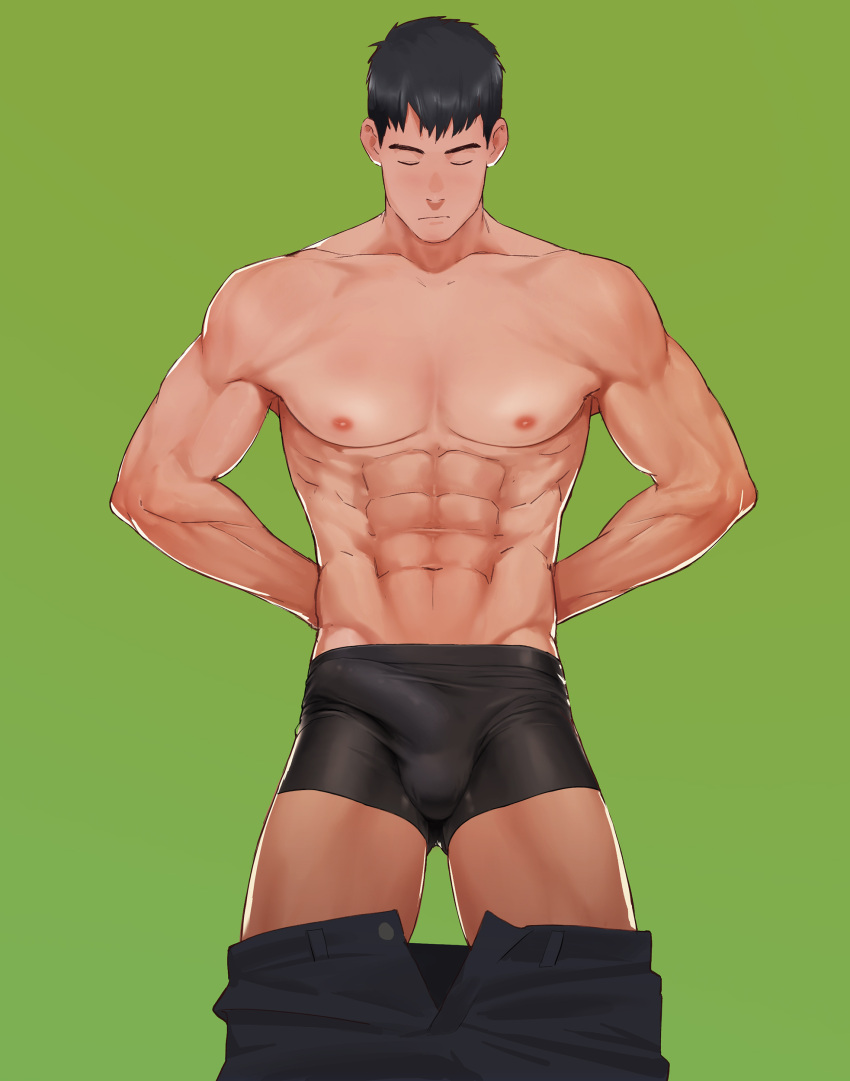 1boy abs absurdres arms_behind_back bangs bara black_hair black_male_underwear black_pants boxer_briefs bulge closed_eyes clothes_pull collarbone cowboy_shot erection erection_under_clothes expressionless facing_viewer green_background highres male_focus male_underwear muscular muscular_male naoki_(xhju8282) navel nipples original pants pants_pull pectorals short_hair simple_background solo standing topless_male underwear