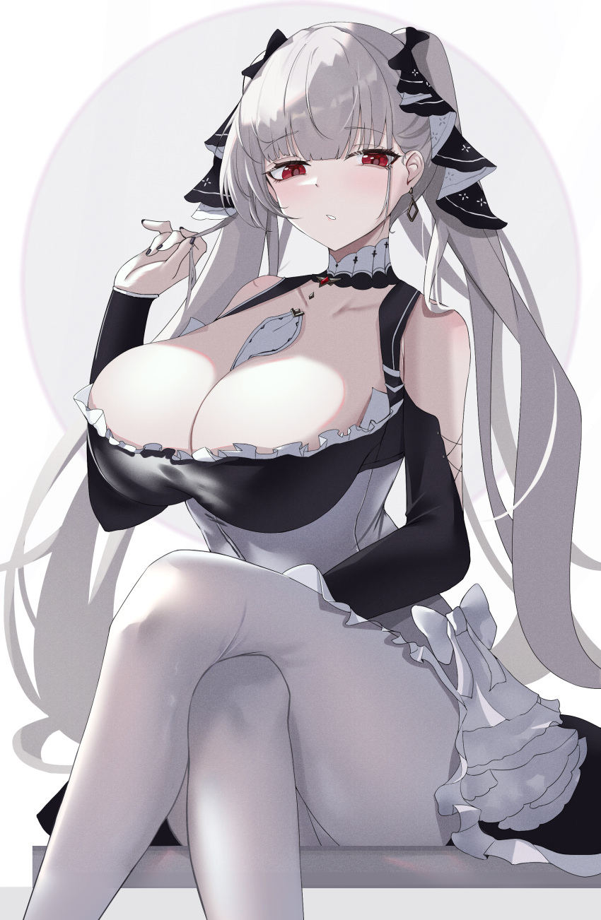 1girl absurdres azur_lane bare_shoulders between_breasts breasts cleavage clothing_cutout cross-laced_clothes crossed_legs dress feet_out_of_frame formidable_(azur_lane) frilled_dress frills grey_hair highres large_breasts lolita_fashion long_hair looking_at_viewer musicatopos pantyhose parted_lips red_eyes sitting solo twintails two-tone_dress two-tone_ribbon white_pantyhose
