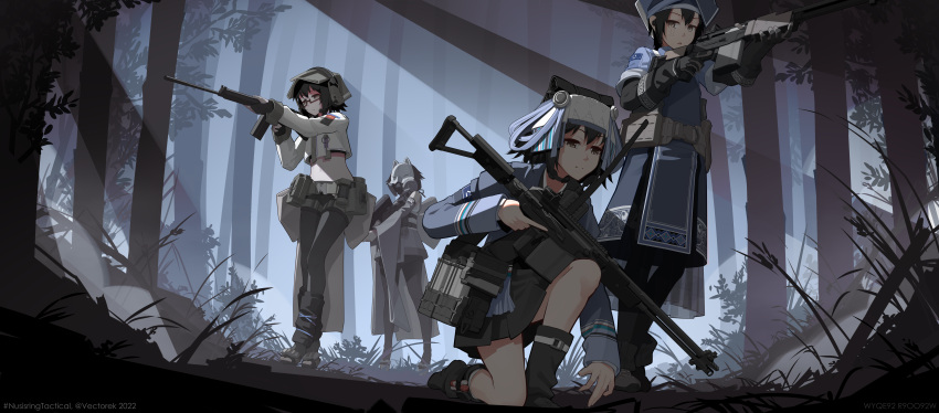 4girls absurdres artist_name battle_rifle belt black_hair brown_eyes crop_top fn_fal forest gaiters gas_mask glasses gloves grey_eyes grey_kimono gun headdress highres japanese_clothes kenjuu_kiri kimono kneeling lidi_ahye_yesemo light_rays m1918_bar machine_gun magazine_(weapon) mask mk_14_ebr multiple_girls nature navel nusisring_tactical original pantyhose rifle sandals short_hair shorts skirt sunbeam sunlight trigger_discipline uma_atsku'ama vectorek weapon weisheng_lyu