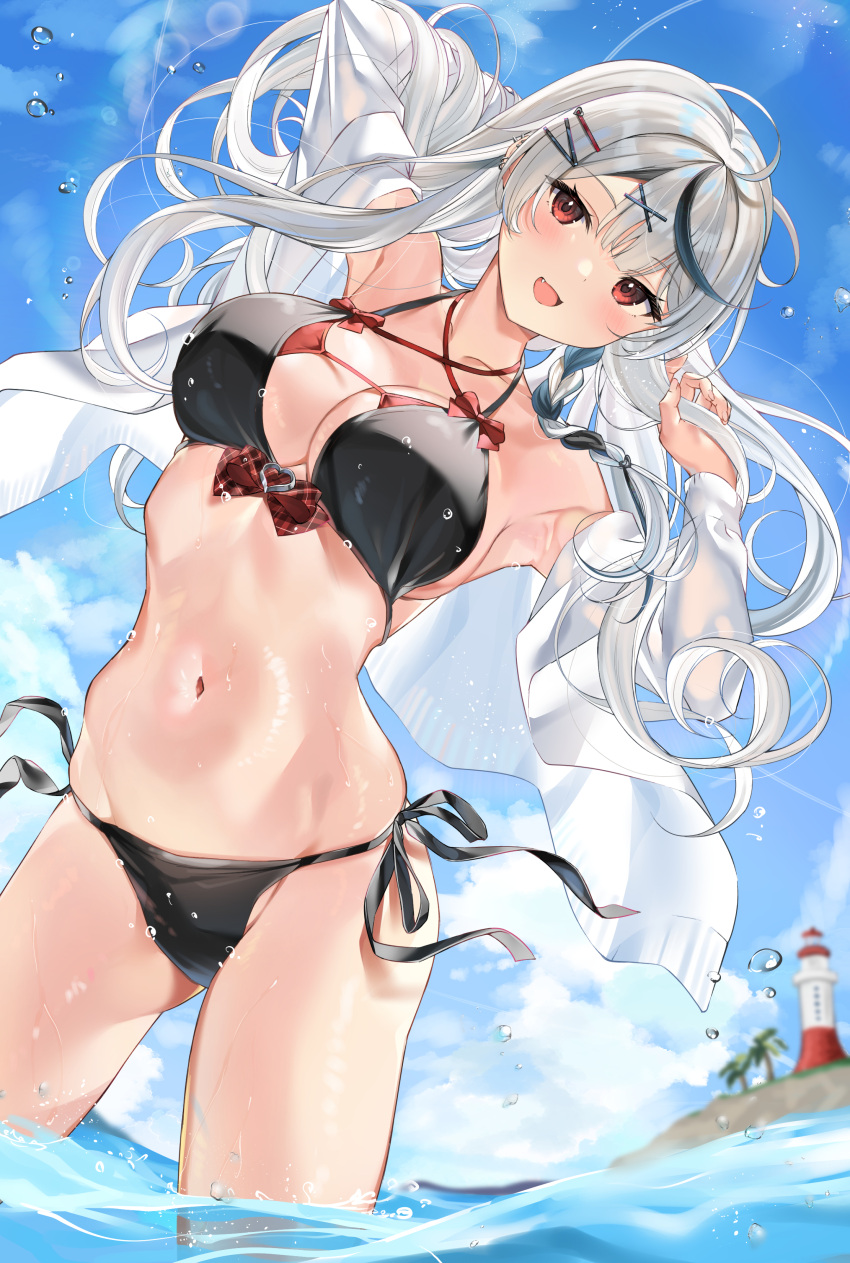 1girl :d absurdres armpits arms_up bangs bare_shoulders bikini black_bikini black_hair blue_sky blush bochibochi_(gyuuniku_6000) bow bow_bikini braid breasts cleavage cloud collarbone criss-cross_halter day ear_piercing fang grey_hair groin hair_ornament hairclip halterneck heart highres hololive large_breasts layered_bikini lighthouse long_hair multicolored_hair navel off-shoulder_shirt off_shoulder open_mouth outdoors piercing plaid plaid_bow red_eyes sakamata_chloe shirt side-tie_bikini_bottom sidelocks sky smile solo stomach streaked_hair swimsuit virtual_youtuber wading water wet white_shirt x_hair_ornament