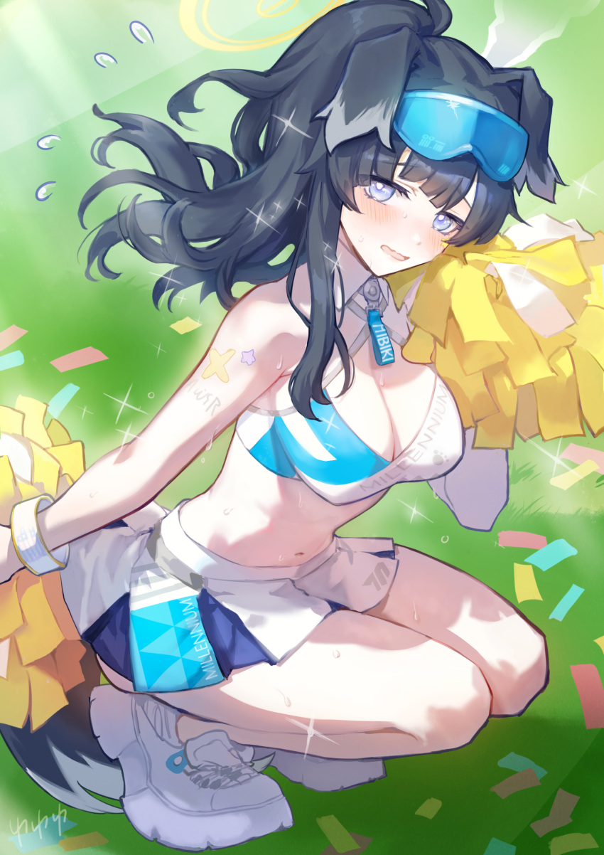 1girl absurdres animal_ears bangs black_hair blue_archive blue_eyes blush breasts cheerleader confetti crop_top dog_ears dog_girl dog_tail goggles goggles_on_head halo hibiki_(blue_archive) hibiki_(cheerleader)_(blue_archive) highres holding holding_pom_poms ito_uuu long_hair looking_at_viewer medium_breasts official_alternate_costume pleated_skirt pom_pom_(cheerleading) ponytail shoes skirt sneakers solo sparkle squatting sweat tail white_footwear