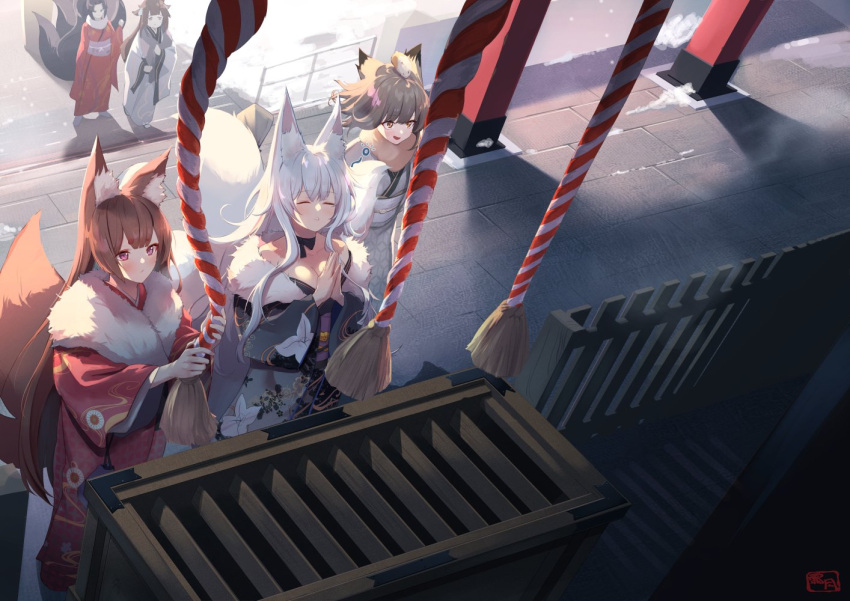 5girls alternate_costume amagi_(azur_lane) animal_ear_fluff animal_ears artist_logo azur_lane bangs black_ribbon blush box breasts brown_hair character_request check_commentary choker cleavage closed_eyes collarbone commentary commentary_request donation_box floral_print fox_ears fox_girl fox_tail fur-trimmed_kimono fur_trim grey_hair hamster hamster_on_head hatsumoude japanese_clothes kimono kitsune kyuubi long_sleeves multiple_girls multiple_others multiple_tails new_year obi obiage obijime off_shoulder orange_eyes outdoors own_hands_together parted_lips praying print_kimono purple_eyes ribbon ribbon_choker sash shimotsuki_shio shinano_(azur_lane) shrine shrine_bell sidelocks sleepy suzutsuki_(azur_lane) tail tassel thick_eyebrows white_hair wide_sleeves winter_clothes