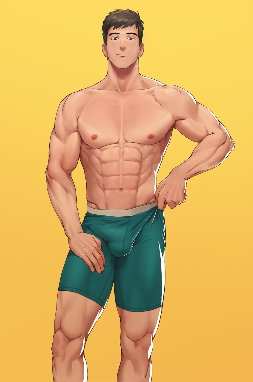 1boy abs bangs bara boxer_briefs brown_hair bulge collarbone contrapposto erection erection_under_clothes green_male_underwear hand_on_own_thigh highres light_smile looking_at_viewer male_focus male_underwear muscular muscular_male naoki_(xhju8282) navel nipples original pectorals short_hair simple_background solo standing underwear underwear_only yellow_background