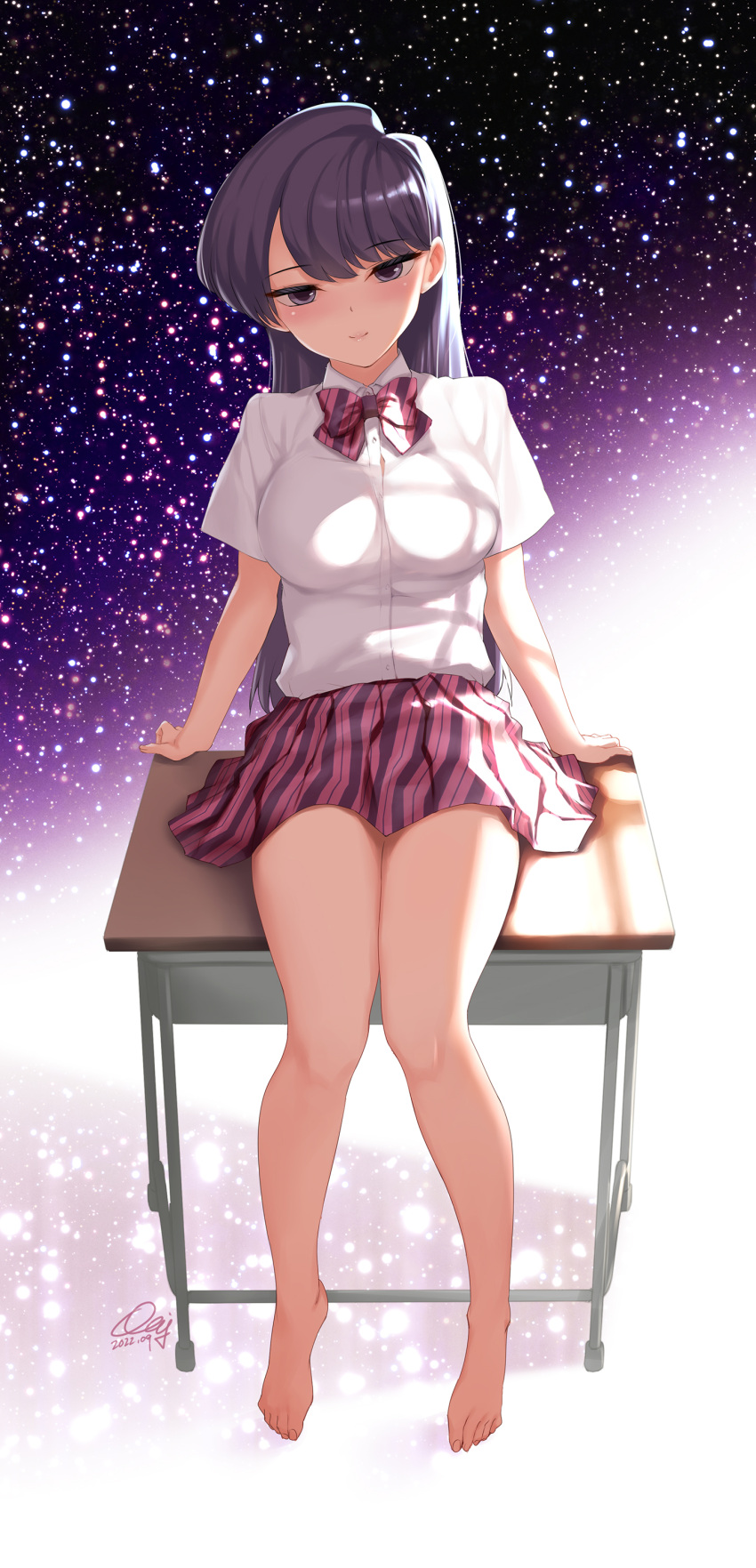 1girl absurdres bangs barefoot black_hair bow bowtie breasts closed_mouth collared_shirt commentary_request desk diagonal-striped_skirt full_body highres komi-san_wa_komyushou_desu komi_shouko long_hair looking_at_viewer medium_breasts men'youjan pleated_skirt purple_eyes red_bow red_bowtie red_skirt revision school_desk school_uniform shadow shirt short_sleeves signature sitting skirt smile solo striped striped_bow striped_bowtie swept_bangs thighs toes white_shirt