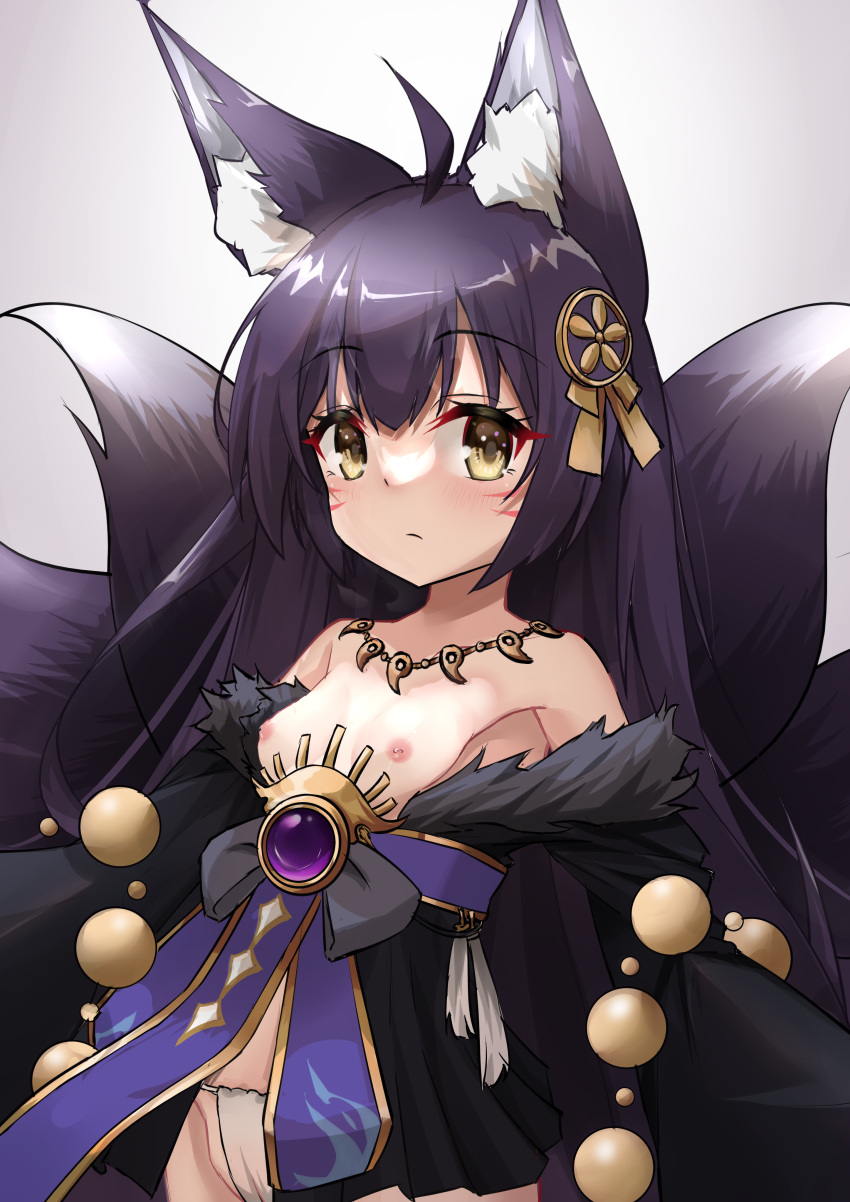 1girl absurdres aged_down ahoge animal_ear_fluff animal_ears azur_lane bangs black_hair blush breasts brown_eyes closed_mouth commentary_request facial_mark fox_ears fox_girl fox_tail fur-trimmed_kimono fur_trim gradient gradient_background grey_background groin hair_between_eyes hair_ornament highres japanese_clothes jewelry kimono long_hair long_sleeves looking_at_viewer magatama magatama_necklace musashi_(azur_lane) nagato-chan necklace off_shoulder panties small_breasts solo tail underwear very_long_hair whisker_markings white_background white_kimono white_panties wide_sleeves