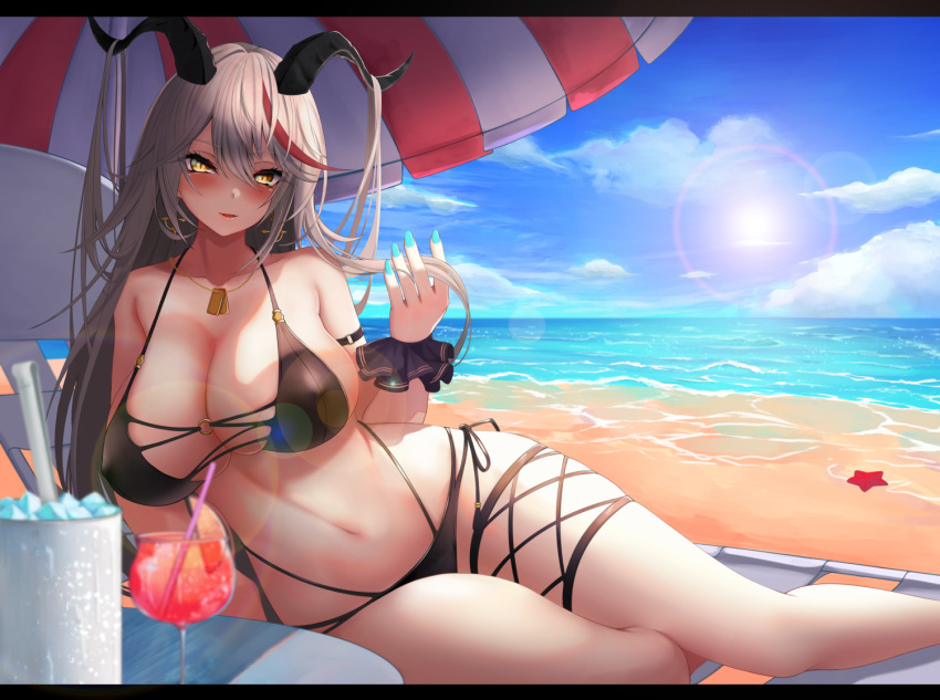 1girl adjusting_hair aegir_(azur_lane) alternate_costume aqua_nails azur_lane bangs bare_shoulders beach beach_chair beach_umbrella bikini black_bikini blue_sky blush breasts cleavage collarbone dragon_horns earrings feet_out_of_frame glass grey_hair horns ice jewelry kangaruu_(momotk1109) large_breasts long_hair looking_at_viewer lying multicolored_hair nail_polish navel necklace ocean on_side open_mouth parted_lips sand sky solo starfish stomach streaked_hair swimsuit thighs umbrella yellow_eyes