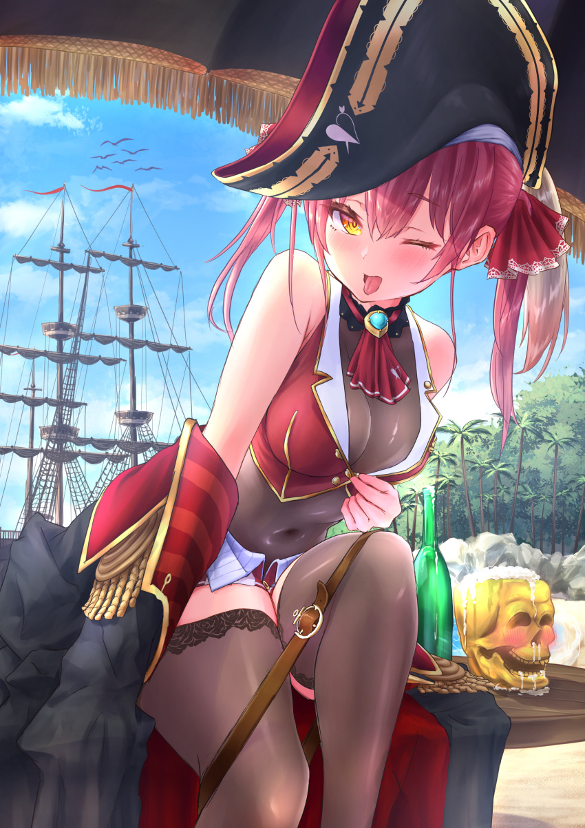 1girl absurdres alcohol bangs bare_shoulders beach belt belt_buckle bicorne black_choker black_coat black_headwear black_jacket black_leotard black_thighhighs boat bow bowtie breasts brooch brown_belt buckle choker cleavage coat covered_navel cropped_jacket dokuro-kun_(houshou_marine) drunk ecoheeky_kimos feet_out_of_frame frilled_choker frilled_sleeves frills hair_between_eyes hat highres hololive houshou_marine jacket jewelry large_breasts leotard leotard_under_clothes looking_at_viewer ocean one_eye_closed open_mouth pirate_hat red_bow red_bowtie red_eyes red_jacket sake sand see-through see-through_leotard ship sitting skindentation skirt skull sleeves_past_wrists solo table thighhighs tongue tongue_out tree twintails vest virtual_youtuber watercraft yellow_eyes