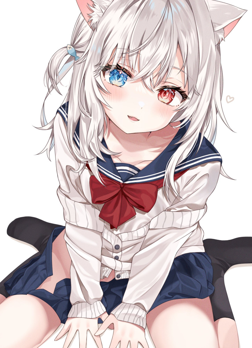 1girl :d animal_ears between_legs black_skirt blue_eyes cardigan cat_ears cat_girl clothes_down fang hand_between_legs heterochromia highres long_hair long_sleeves miniskirt open_clothes open_skirt original red_eyes redrawn rojineco_nene sailor_collar shirt sitting skirt smile wariza white_hair white_shirt