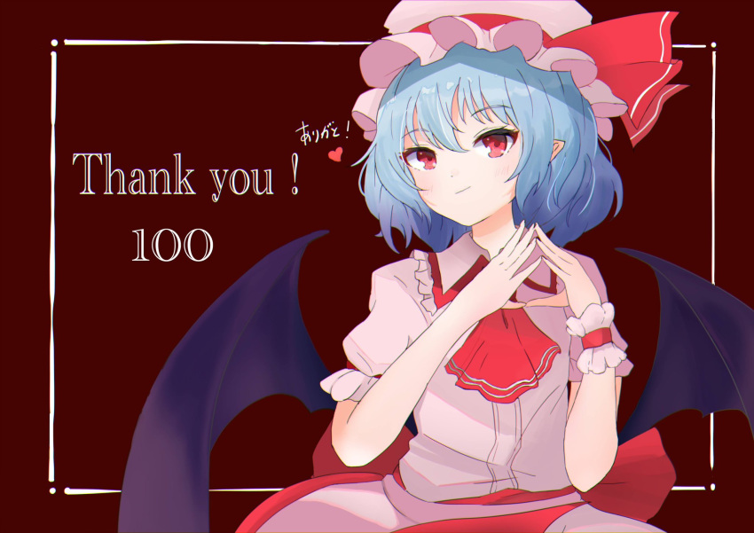 1girl ascot bat_wings black_wings blue_hair closed_mouth hat hat_ribbon heart highres looking_at_viewer megamausu milestone_celebration mob_cap pink_headwear pink_shirt pointy_ears red_ascot red_eyes red_ribbon remilia_scarlet ribbon shirt short_hair solo touhou upper_body wings
