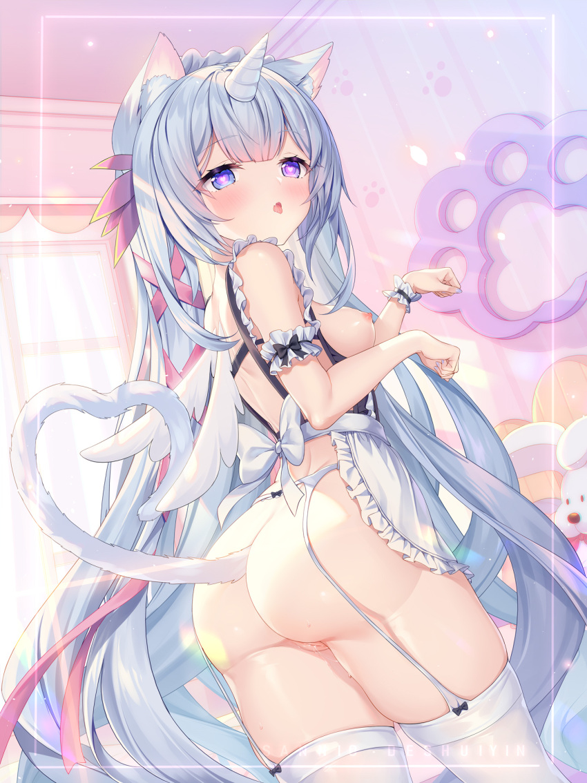 1girl animal_ear_fluff animal_ears ass backless_outfit bedroom blue_eyes blue_hair blush breasts cat_ears cat_girl cat_tail commentary_request curtains fang feathered_wings garter_belt garter_straps hair_ribbon heart heart-shaped_pupils heart_tail highres horns indie_virtual_youtuber indoors long_hair maid ninico_(vtuber) nipples open_mouth paw_pose paw_print pink_ribbon pussy pussy_juice ribbon sannio single_horn single_wrist_cuff skindentation small_breasts solo stuffed_animal stuffed_dog stuffed_toy symbol-shaped_pupils tail thighhighs thighs unicorn very_long_hair virtual_youtuber white_thighhighs window winged_unicorn wings wrist_cuffs