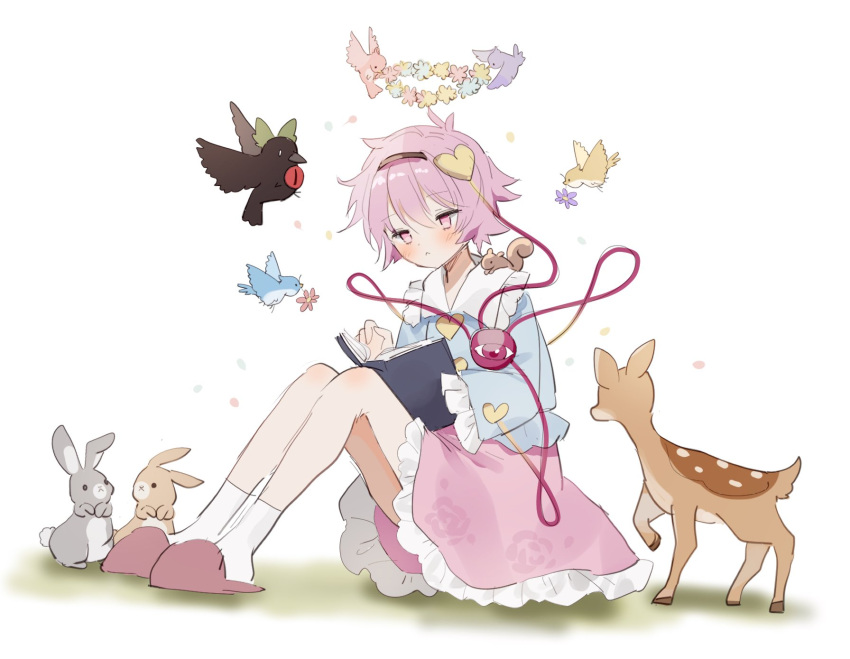 1girl :&lt; animal bird blue_shirt cat crow floral_print frilled_sleeves frills hair_ornament hairband heart heart_hair_ornament heart_of_string highres komeiji_satori multiple_tails pink_hair pink_skirt rabbit reiuji_utsuho reiuji_utsuho_(bird) rose_print shirt skirt slippers solo sorani_(kaeru0768) string tail third_eye touhou wide_sleeves yellow_shirt