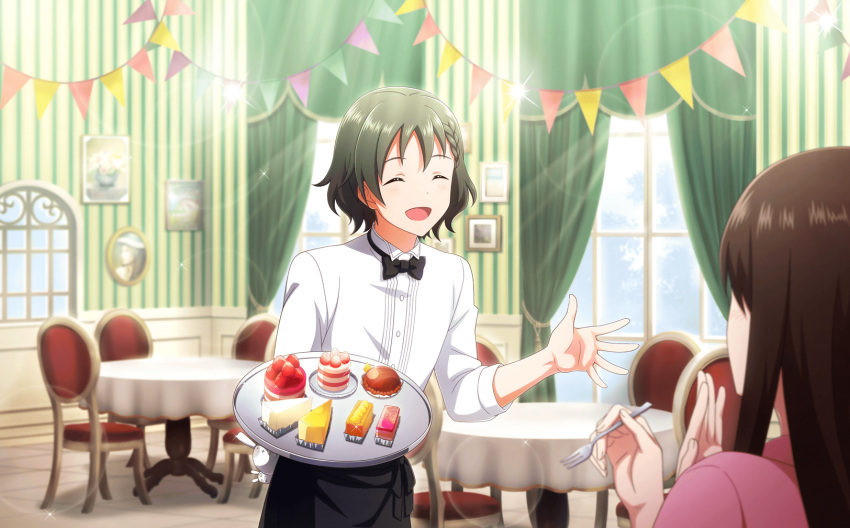 1boy 1girl black_bow black_bowtie bow bowtie cake cake_slice closed_eyes collared_shirt fingernails food fork fruit highres holding holding_fork idolmaster idolmaster_side-m male_focus official_art open_mouth shirt strawberry table uzuki_makio