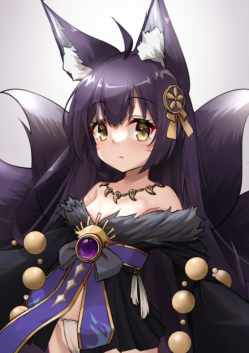 1girl absurdres aged_down ahoge animal_ear_fluff animal_ears azur_lane bangs black_hair blush breasts brown_eyes closed_mouth commentary_request facial_mark fox_ears fox_girl fox_tail fur-trimmed_kimono fur_trim gradient gradient_background grey_background groin hair_between_eyes hair_ornament highres japanese_clothes jewelry kimono long_hair long_sleeves looking_at_viewer magatama magatama_necklace musashi_(azur_lane) nagato-chan necklace off_shoulder panties small_breasts solo tail underwear very_long_hair whisker_markings white_background white_kimono white_panties wide_sleeves